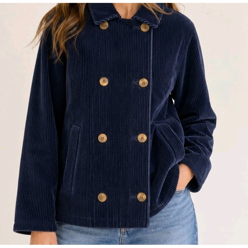 L.L.Bean Womens Large Navy Corduroy Peacoat Jacket Quilted Lined Cotton Coat - Picture 6 of 9